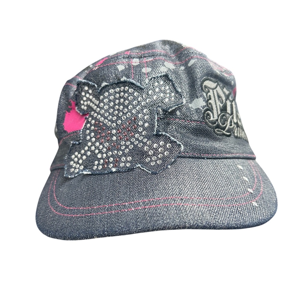 Y2K Disney Pirate Princess Denim Cadet Hat OS Black Pink Rhinestone McBling Hat